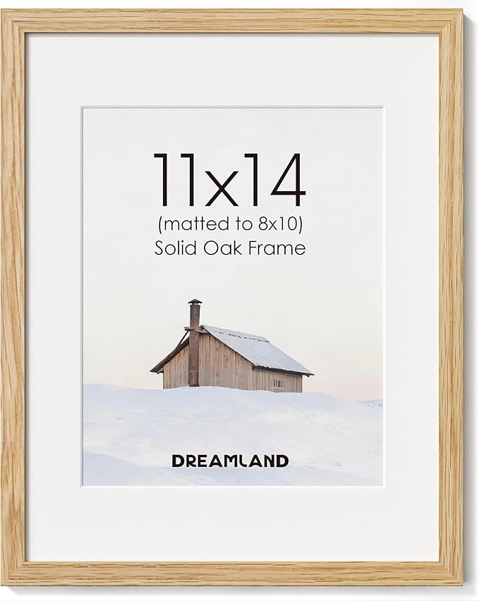 Dreamland 11x14 Picture Frame, Solid Oak Wood Photo Frame with Mat for 8x10, 11 x 14 Matted Picture Frames with Resistant Plexiglass for Wall Art Photo and Prints, Oak Color, Set of 1