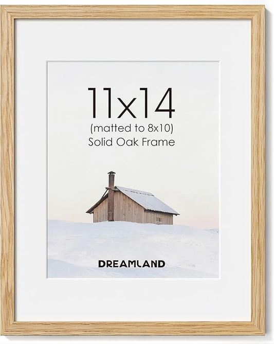 Dreamland 11x14 Picture Frame, Solid Oak Wood Photo Frame with Mat for 8x10, 11 x 14 Matted Picture Frames with Resistant Plexiglass for Wall Art Photo and Prints, Oak Color, Set of 1