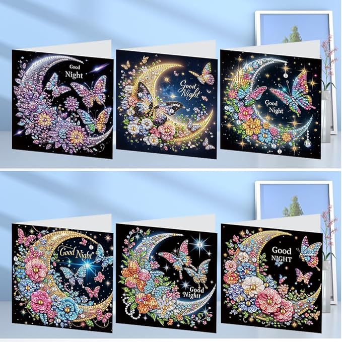 Ceitura 6Pcs DIY Diamond Art Painting Crafts Rhinestone Painting Greeting Card Making Kit Postcard for Holiday Christmas New Year Party Favors (Moon Butterfly)