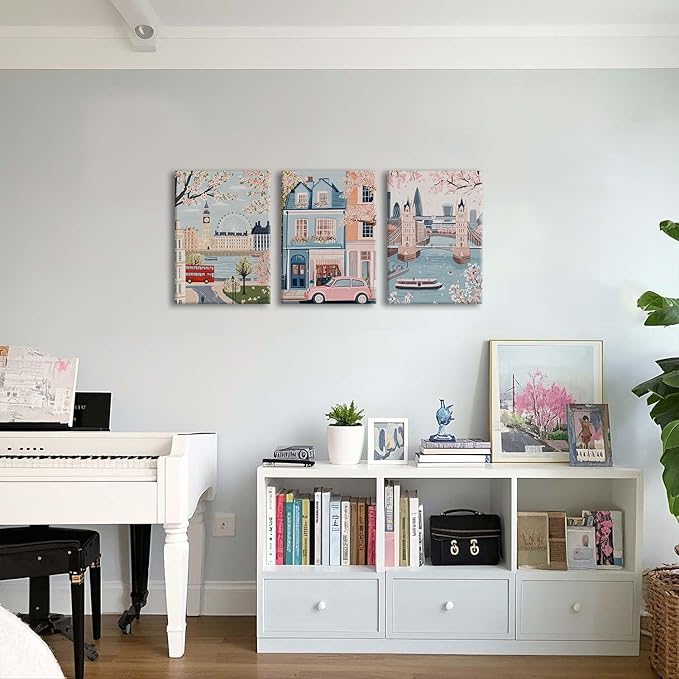 XLARTMY Watercolor City Landscape Travel Wall Art Canvas Framed Pink Cherry Flower Poster Girly Prints Painting Pictures Set of 3 for Bedroom Living Room Office 12x16in