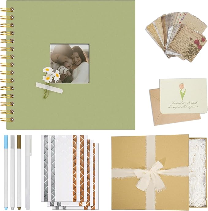 Vienrose 8 x 8 Inch Scrapbook Album Gift Set, Linen Hardcover Photo Book with 40 White Pages, DIY Memory Book Kit with Accessories for Wedding, Baby Shower, Travel, Christmas (LightGreen, 20 Sheets)