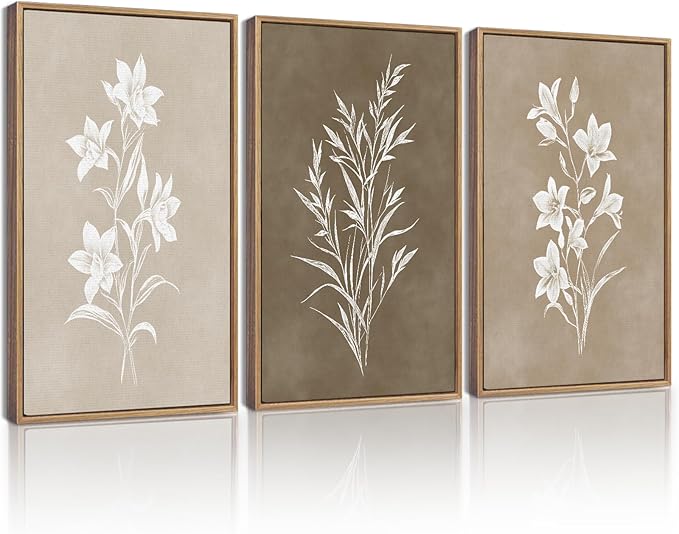 KUVIOKE Vintage Botanical Flower Framed Wall Art Colorful Neutral Boho Floral Wall Decor Botanical Retro Wildflower Modern Art Prints Rustic Home Decor 11x14in (Natural Framed)
