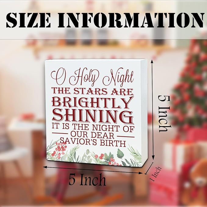 Christmas Christian Wooden Desk Decor Sign, O Holy Night The Stars Are Brightly Shining Wooden Box Sign, Religious Holiday Tabletop Home Plaque, Christmas Decoration 5x5 Inches