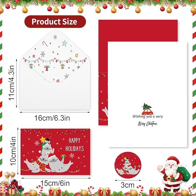 Christmas Cards with Envelopes & Stickers, 36 Pack 4x6 Inch Merry Christmas Cards, Funny Holiday Card, 6 Assorted Designs Greeting Card for Xmas