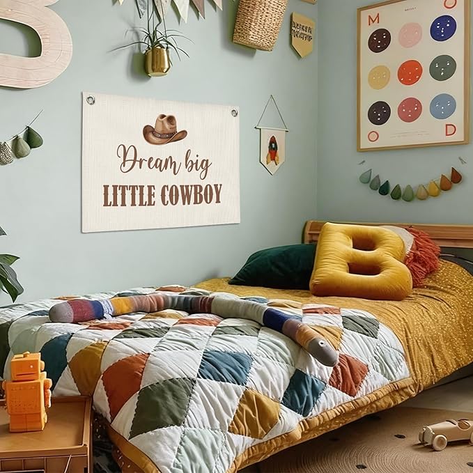 Vintage Western Cowboy Nursery Decor Wall Art,Dream Big Little Cowboy Linen Banner Print,Western Wall Decor Hanging Banner Flag for Kids Boys Toddler Nursery Bedroom Playroom 30x20 Inch