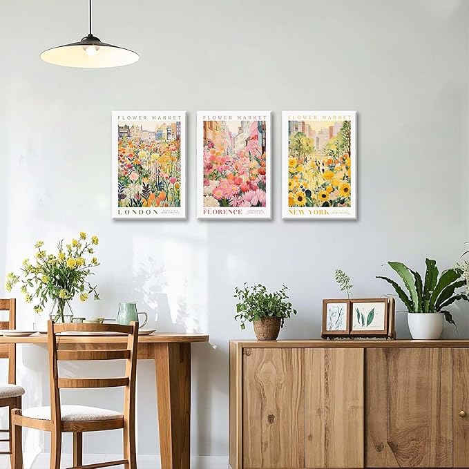 XLARTMY Flower Market Wall Art Print Canvas Framed Yellow Pink Floral Paintings Colorful Botanical Sunflower Artwork Travel Poster for Decor Picture 3 pieces for Living Room Bedroom Bathroom 16x24in