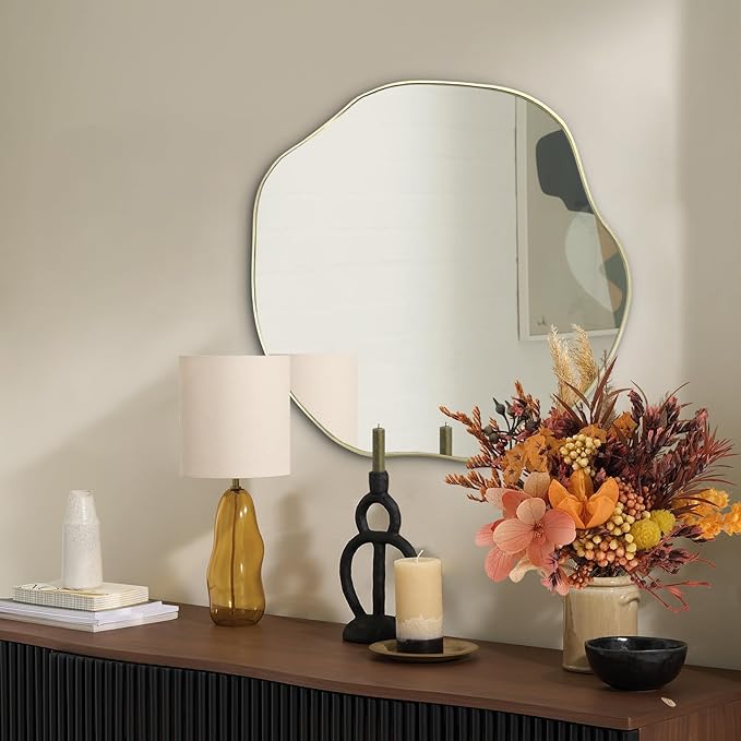 POZINO Asymmetrical Mirror, 25" Irregular Wall Mirrors, Gold Scalloped Rounded Mirror, Modern Frameless Abstract Mirrors for Bathroom Living Room Bedroom Entryway Fireplace