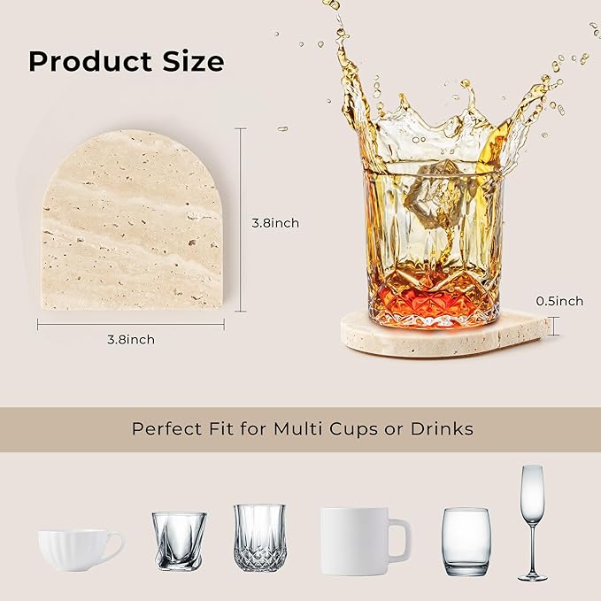 WORHE Marble Coaster for Drinks Set of 5 Natural Travertine Coasters for Home Decor Coffee Table, Modern Style Stone Cup Mat for Housewarming Party Hotel Bar Christmas Anniversary Present Beige(DL020)
