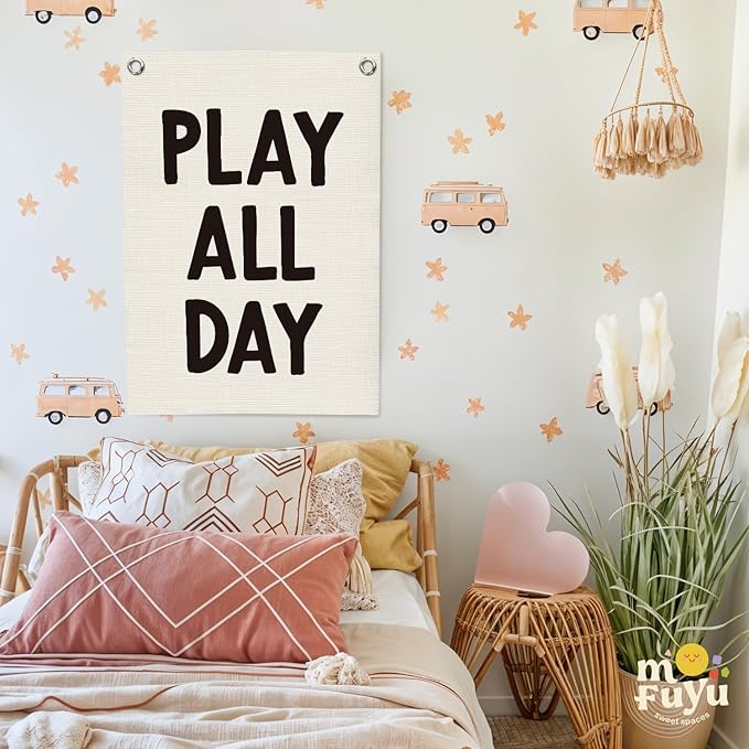 Playroom Wall Decor Linen Canvas Banner,Play All Day Wall Hanging Flag Banner for Kids Nursery and Playroom Wall Decor,Stylish Room Decor for Boys and Girls 18x25 Inch