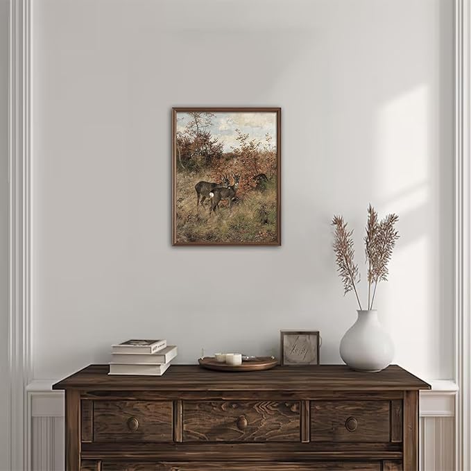 Uniro Vintage Fall Wall Art for Bedroom Decor, Rustic Farmhouse Wall Decor Autumn Deer Countryside Wall Painting Canvas Prints Landscape Oil Painting Fall Wall Decor Vintage Art Pictures for Bedroom Bathroom Kitchen Decor( 8" x 10"-UNFRAMED)