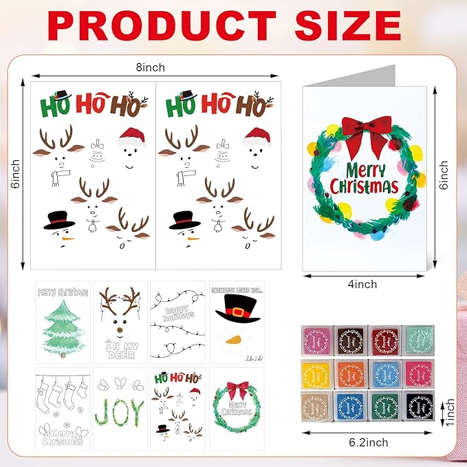 48 Sets Christmas Cards Making Crafts Kits 4 x 6 Inch DIY Thumbprint Christmas Crafts with Ink Pad Fingerprint Make Your Own Folded Greeting Card Making Kit for Xmas Gifts Fun Home Activity
