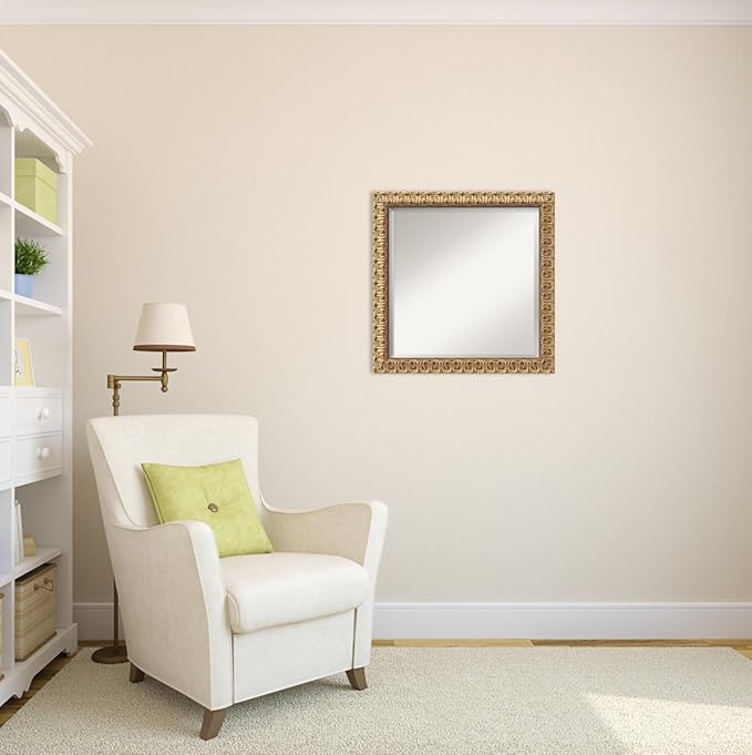 Amanti Art Gold Wall Mirror 23x23 Florentine Gold Square Bathroom Mirror for Wall Decor Living Room, Medium Traditional Wood Frame, Hangs Horizonally and Vertically, Bathroom Decor, Beveled Edge