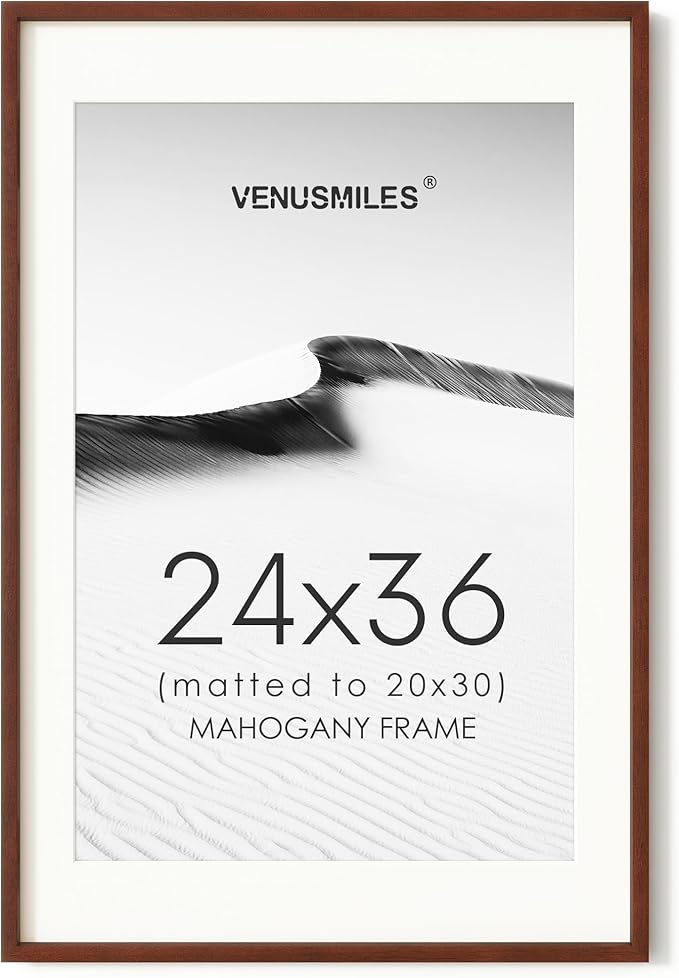 24x36 Poster Frame, USA-Sourced Natural Mahogany Wood Picture Collage Frame with HD Tempered Glass, Modern Simple 24 x 36 Wooden Photo Frame Matted to 20x30, Vertical & Horizontal Wall Hanging Display