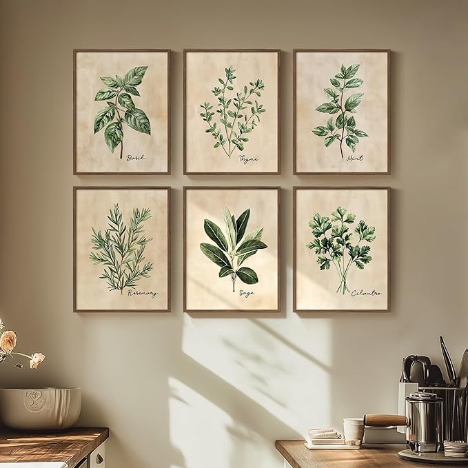 Framed Sage Green Botanical Wall Art for Kitchen, Set of 6 Rustic Herb Canvas Prints Artwork for Modern Farmhouse Walls, Herbs Spices Plant Leaf Pictures for Dining Room Living Room Bedroom Wall Decor