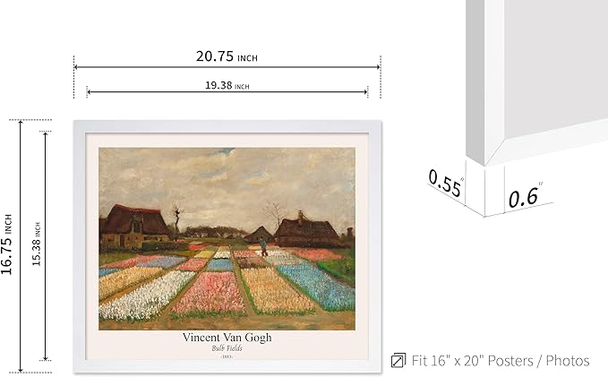 Monem Art Vintage Van Gogh Poster - Retro Bulb Fields Print - Flower Beds in Holland Art - Impressionism Art - Fine Art - Classic Painting Art - Great Bedroom Wall Decor - 16x20 White Framed