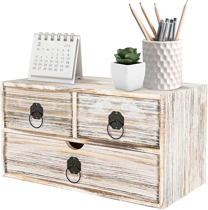 Wood Desk Organizer with Drawer, Vintage Brown Wooden Desktop Organizer, Tabletop Storage Organization Box for Countertop, Home Office Supplies (3 Drawer)