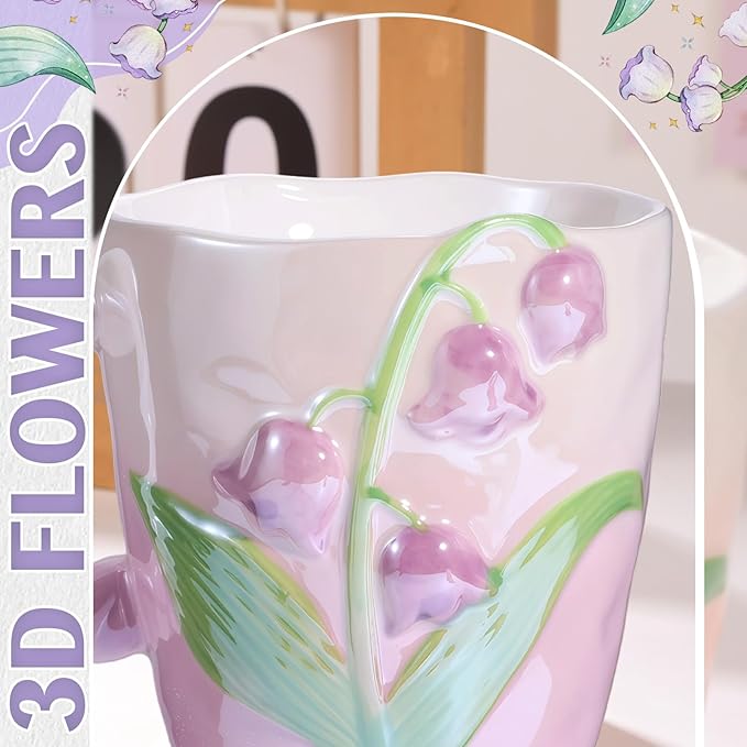 Yoiemivy 2 Pack Cute Coffee Mugs 3D Flower Ceramic Mugs 13 oz Aesthetic Floral Cups Christmas Birthday Gifts for Women Friends Family Flower Lovers