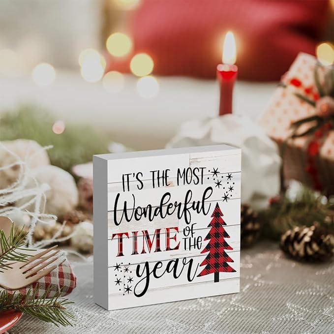 It's The Most Wonderful Time of The Year Wood Box Sign, Retro Farmhouse Christmas Santa Artwork Decor 5 x 5 Inches