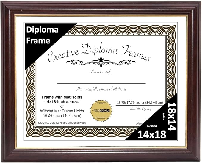 Creative Picture Frames 14x18 Mahogany Gold Rim Diploma Frame with White Mat Glass and Installed Wall Hangers | Frame Holds 16x20 Media without Mat