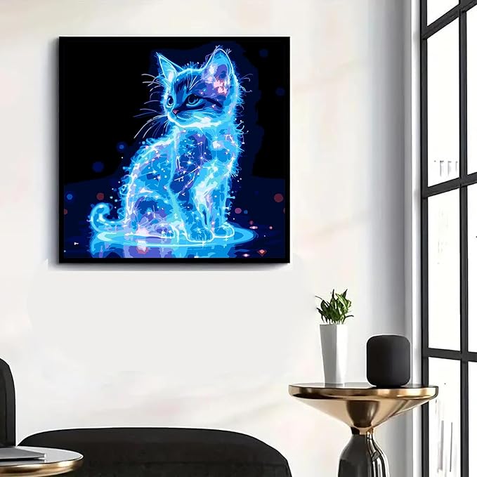 GXGLLPZBY Blue Cat Paint by Numbers Kit for Adults Beginner,DIY Blue Cat Paint by Numbers for Adults,Easy Canvas Paint by Number Without Frame Home Wall Decor 16 x 16 in