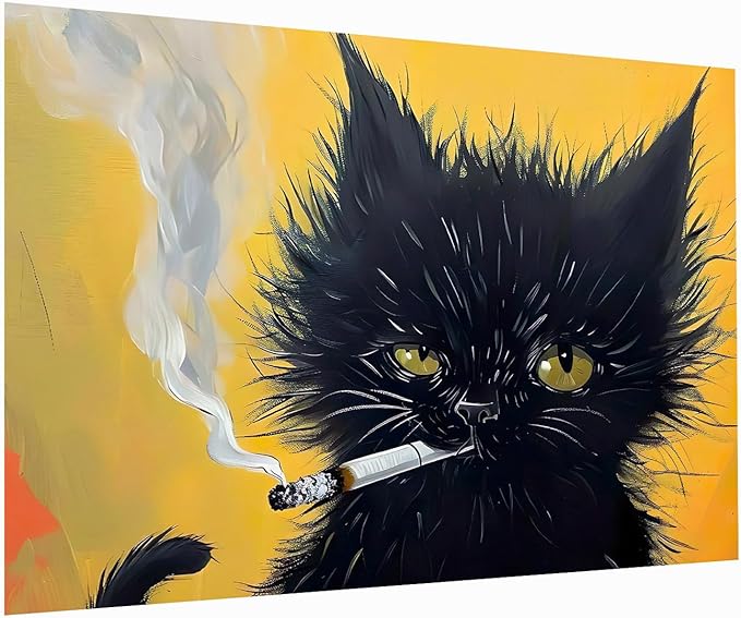 Black Cat Painting, Cat Smoking A Cigarette, Cat Wall Art, Black Long Hair Cat Print,Cat Print, Cat Portrait, Unique Gift, Black Kitten Painting,Cat Lover Room Decor, Cat House Decor20x30Unframed