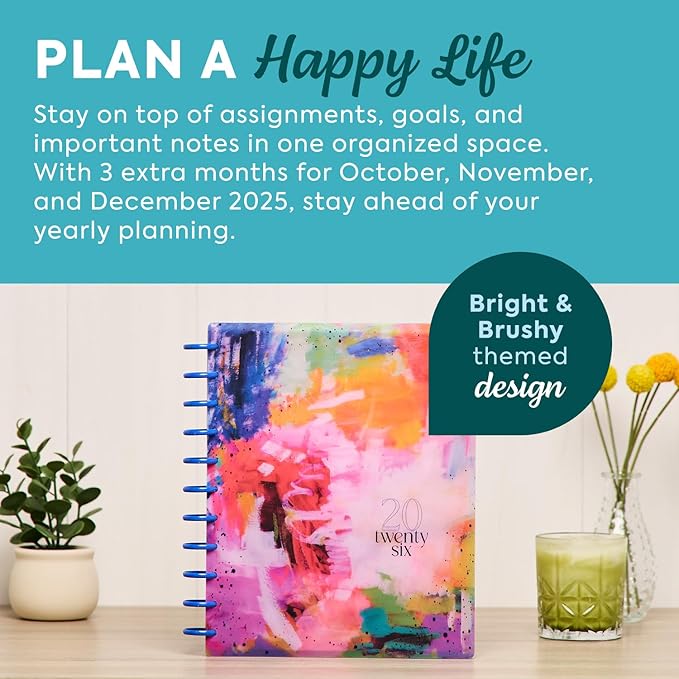 Happy Planner Disc-Bound Planner Jan.–Dec. 2026, Includes 3 Extra Months and 2 Sticker Sheets, Big Size, 8.5" x 11", Dashboard Layout, Bright & Bushy