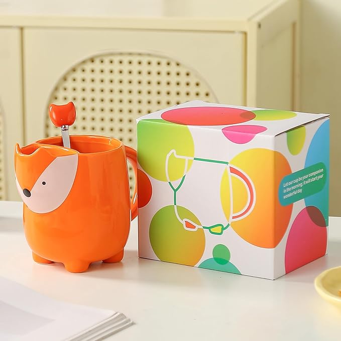 Yuwu uwu 17oz Fox Mug with Built-in Tea Bag Holder and Spoon – Cute Glossy Ceramic Animal Tea Cup for Kids, Women, Girls – Gift for Autumn, Birthday, Christmas (orange)