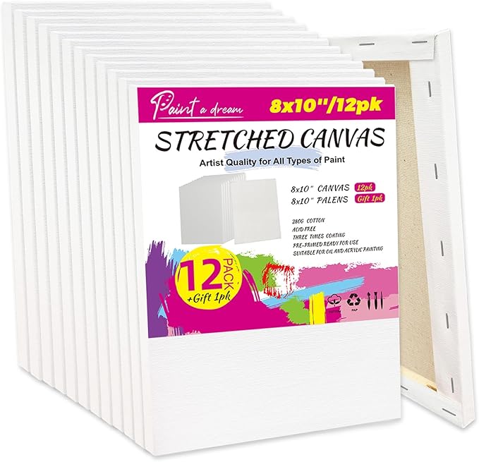 12-Pack 8x10 Stretched Canvas for Painting – 100% Cotton Triple Primed Painting Canvas for Adults, 5/8" Profile Value Pack Blank Canvas – Ideal for Oil & Acrylic Paint, Perfect Gift for Artists, Kids