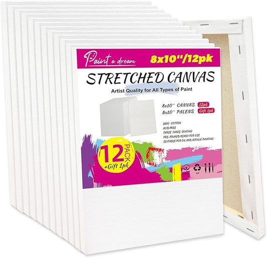 12-Pack 8x10 Stretched Canvas for Painting – 100% Cotton Triple Primed Painting Canvas for Adults, 5/8" Profile Value Pack Blank Canvas – Ideal for Oil & Acrylic Paint, Perfect Gift for Artists, Kids