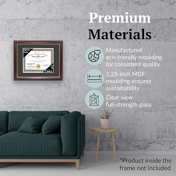 Creative Picture Frames 7.5x9.5 Mahogany Gold Rim Diploma Frame with Black Mat Glass Easel and Installed Wall Hangers | Frame Holds 10x12 Media without Mat