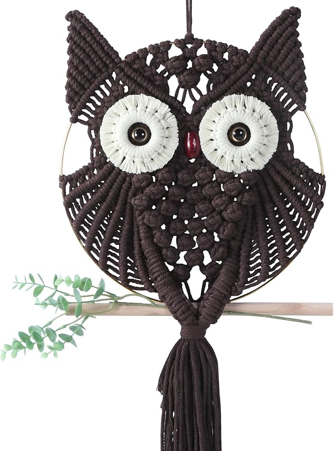 MVSUTA Owl Chocolate Cotton Handmade Macrame Wall Hanging Tapestry Home Decor Art and Bronze Craft Wonderful Decoration Woven Boho Ornament for Office Bedroom Apartment Living Room Nursery Gallery,1pc