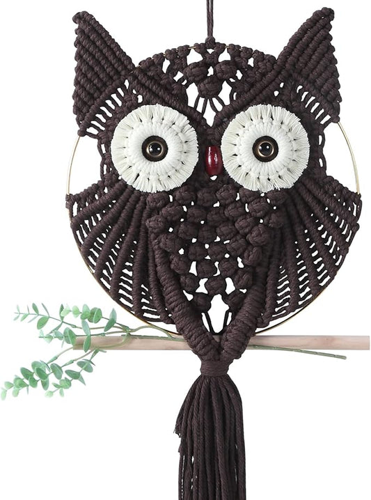 MVSUTA Owl Chocolate Cotton Handmade Macrame Wall Hanging Tapestry Home Decor Art and Bronze Craft Wonderful Decoration Woven Boho Ornament for Office Bedroom Apartment Living Room Nursery Gallery,1pc