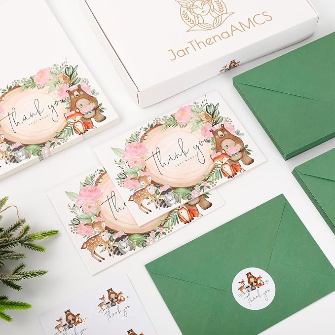 JarThenaAMCS 50 Pack Woodland Thank You Cards Boxed Pink Floral Forest Animal Greeting Cards With Envelopes Stickers Blank Note Cards for Baby Shower Birthday, 4 x 6 Inch
