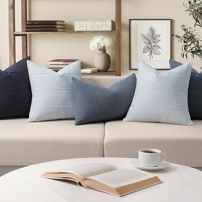 12x20 Pillow Covers Set of 2 Decorative Linen Lumbar Pillow Covers Solid handcrafted Striped Cushion Covers for Bed Soft Modern Farmhouse Neutral Pillowcase for Couch Bedroom Living Room (Sky Blue)
