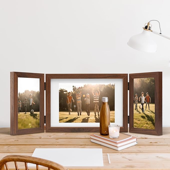 Hinged 3 Picture Frame 4x6 & 5x7 Folding Collage Photo Frames Multiple Wooden Desk Picture Frames with Mat for Office Tabletop or Wall Decor, Brown