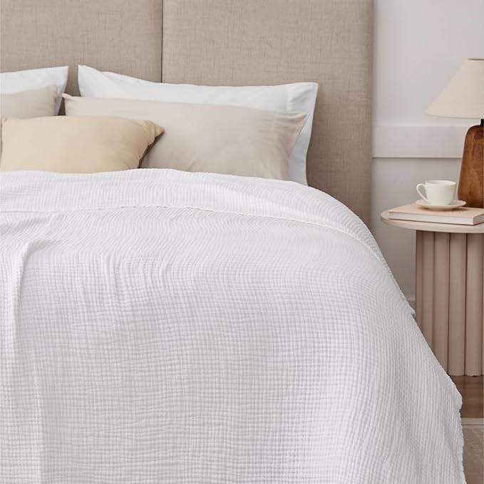 100% Cotton Muslin Blanket 50" x 60", Breathable and Lightweight Cotton Throw Blankets for Couch, Soft Cooling Summer Gauze Blanket for Adults All Season, White