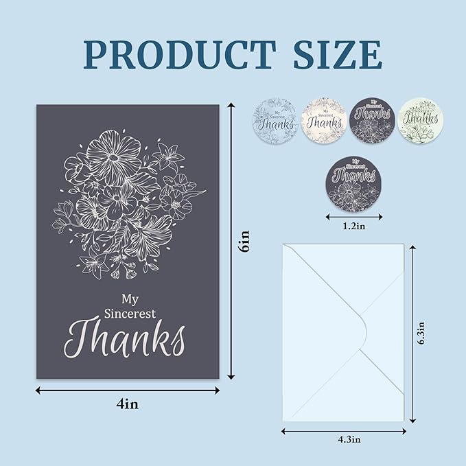 48Pcs Thank You Cards with Envelopes and Stickers for Weddings, Bridal Shower, Baby Shower, Small Business