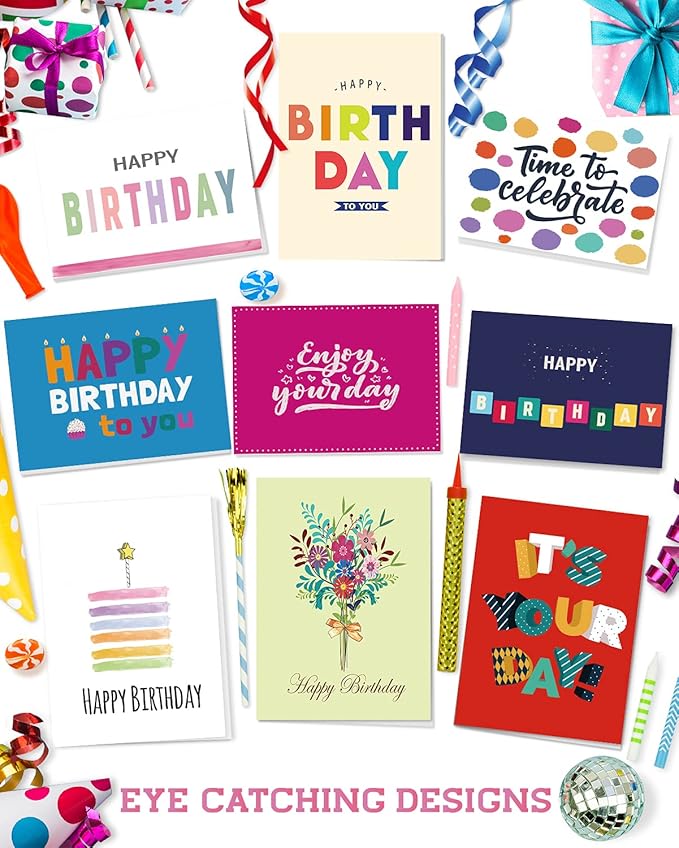 80 Unique Birthday Cards- Happy Birthday Cards Bulk With Greetings Inside – Assorted Envelopes and Stickers -Large 5 x 7 inches- Greeting Box Set