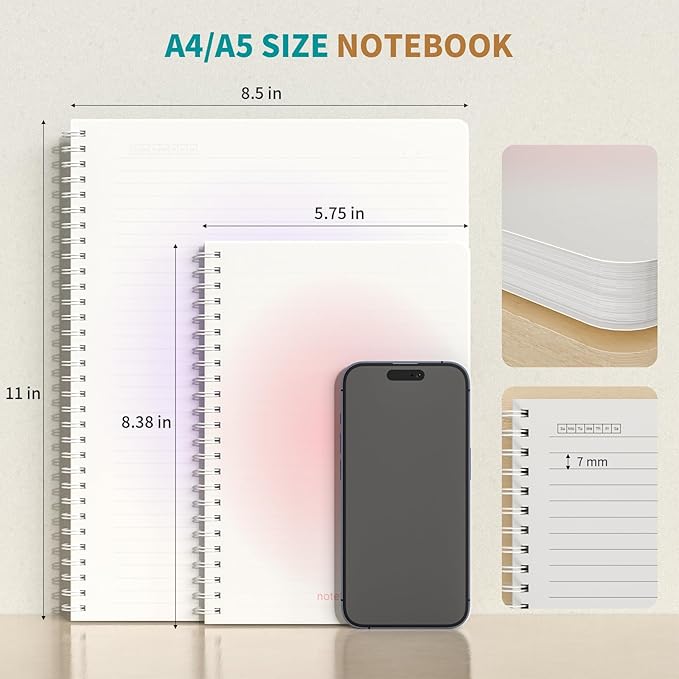 Oucaru Spiral Notebook A4 College Wide Ruled Notebooks 2 Pack 8.5" x 11" Journaling Notebooks 140 Pages 100 GSM Gradient Small Lined Notebooks Waterproof PP Cover for Note Taking for Work School Business Travel
