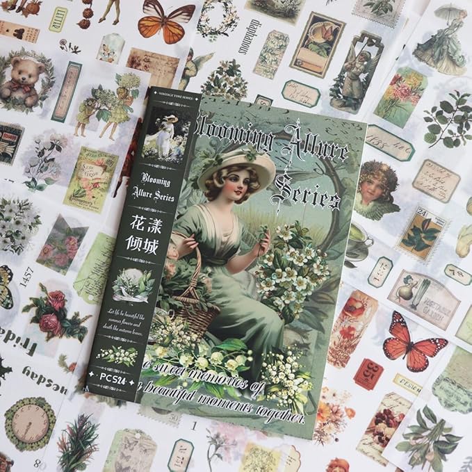 Vintage Stickers for Scrapbooking, Junk Journal - 24 Sheets Washi Sticker, Victorian Journal Stickers Book for Women, Self-Adhesive Scrapbook & Junk Journal Supplies (Green)