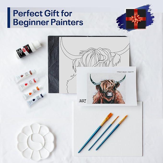 Painting4Real DIY Painting Class Kit for Adults with Video Tutorials: Learn to Paint Highland Cow – How to Paint with Acrylics – Painting & Art Supplies – 9 Piece Acrylic Paint Set