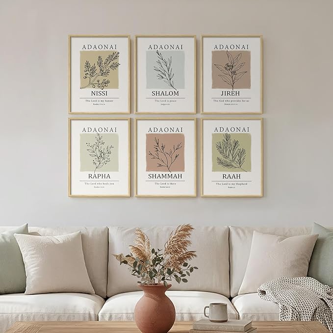 Framed Christian Scripture Wall Art, Set of 6 Minimalist Bible Verse Prints, Names of God Faith Based Neutral Boho Botanical Leaf Artwork for Bedroom Living Room Office Hallway Home Decor, 11x14 Inch