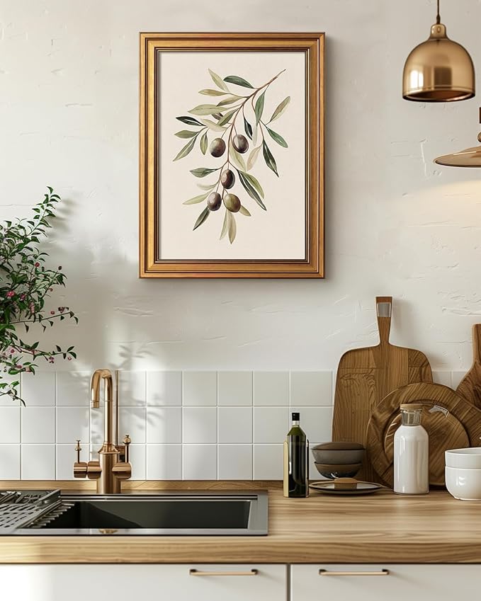 Bzstyleart Vintage Wall Art Decor for Bedroom,Watercolor Olive Branch Botanical Wall Art,Gold Framed Artwork,Vintage Botanical Prints,Room Decor Aesthetic for Kitchen,12 x 16 Inch