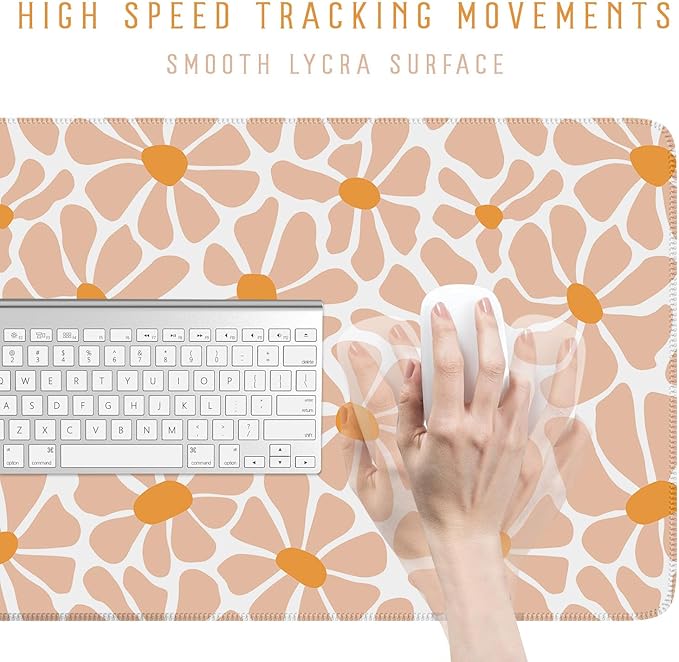 Boho Groovy Floral Leaf Mouse Pad Xl-31.5x15.7in-Desk Mousepad-Extended Aesthetic Keyboard Mouse Pad-for Desk Kid Girl with Stitched Edges Non-Slip Cozy Office Decor