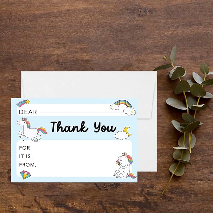 Andaz Press Kids Fill in the Blank Thank You Cards - 20 Cards Including Envelopes Rainbows Unicorn Fun Gender Neutral Note Cards For Boys Girls Birthday Thank You Notes for Friends Family Party Guests