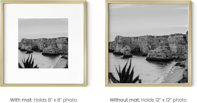 HAUS AND HUES 12x12 Gold Metal Picture Frames Matted to 8x8 - Features Premium Aluminum & Hanging Hardware, Shatterproof Plexiglass - Ideal for Home, Office (12x12 in, Gold, Set of 3)
