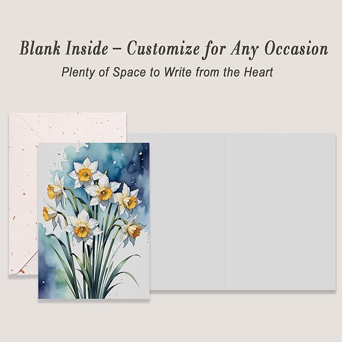 Blank Inside Greeting Card with Envelope, 5x7 Inch Watercolor Daffodil Greeting Card – Birthday, Thank You, Sympathy, All Occasion - Single Card