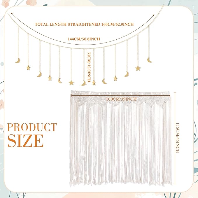 SmoothNovelty Macrame Wall Hanging Large Boho Wall Decor Aesthetic Dorm Room Decor Set Macrame Woven Tapestry Boho Tassel Art Home Decoration Moon Star Garland for Bedroom Dormitory Gift