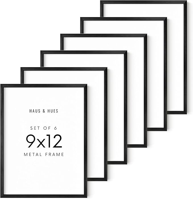 HAUS AND HUES 9x12 Black Metal Picture Frames - Features Premium Aluminum, Vertical & Horizontal Hang, Shatterproof Plexiglass - Perfect for Home, Room, Office (9x12 in, Black, Set of 6)