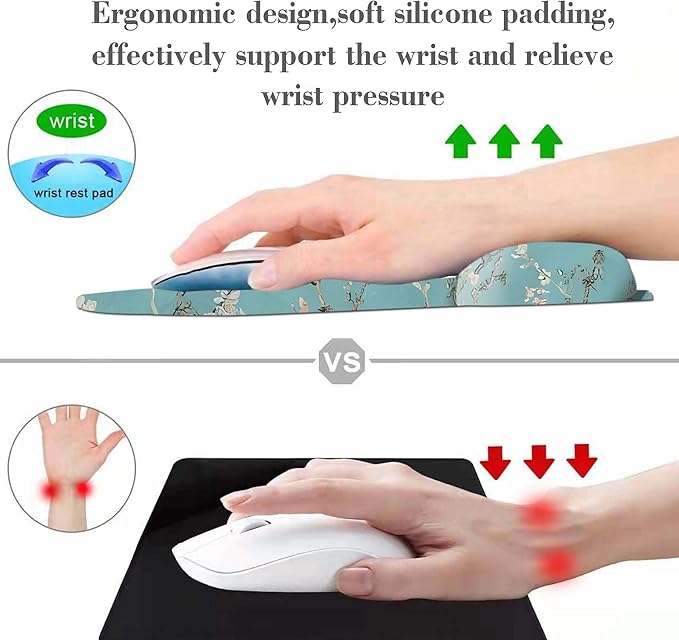 Square Floral Mouse Pad Wrist Rest, Decorative Beautiful Flowers Plants White Blooms Ergonomic Mousepad with Non-Slip Rubber Base, Personalized Premium-Textured Custom Mouse Mat Design